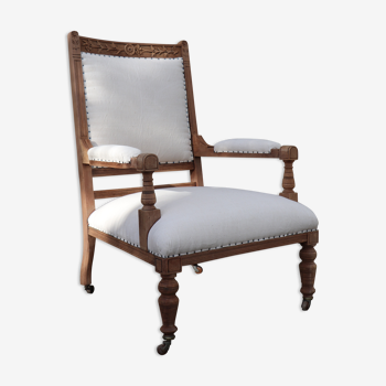 Nineteenth century wooden armchair, reupholstered in hemp