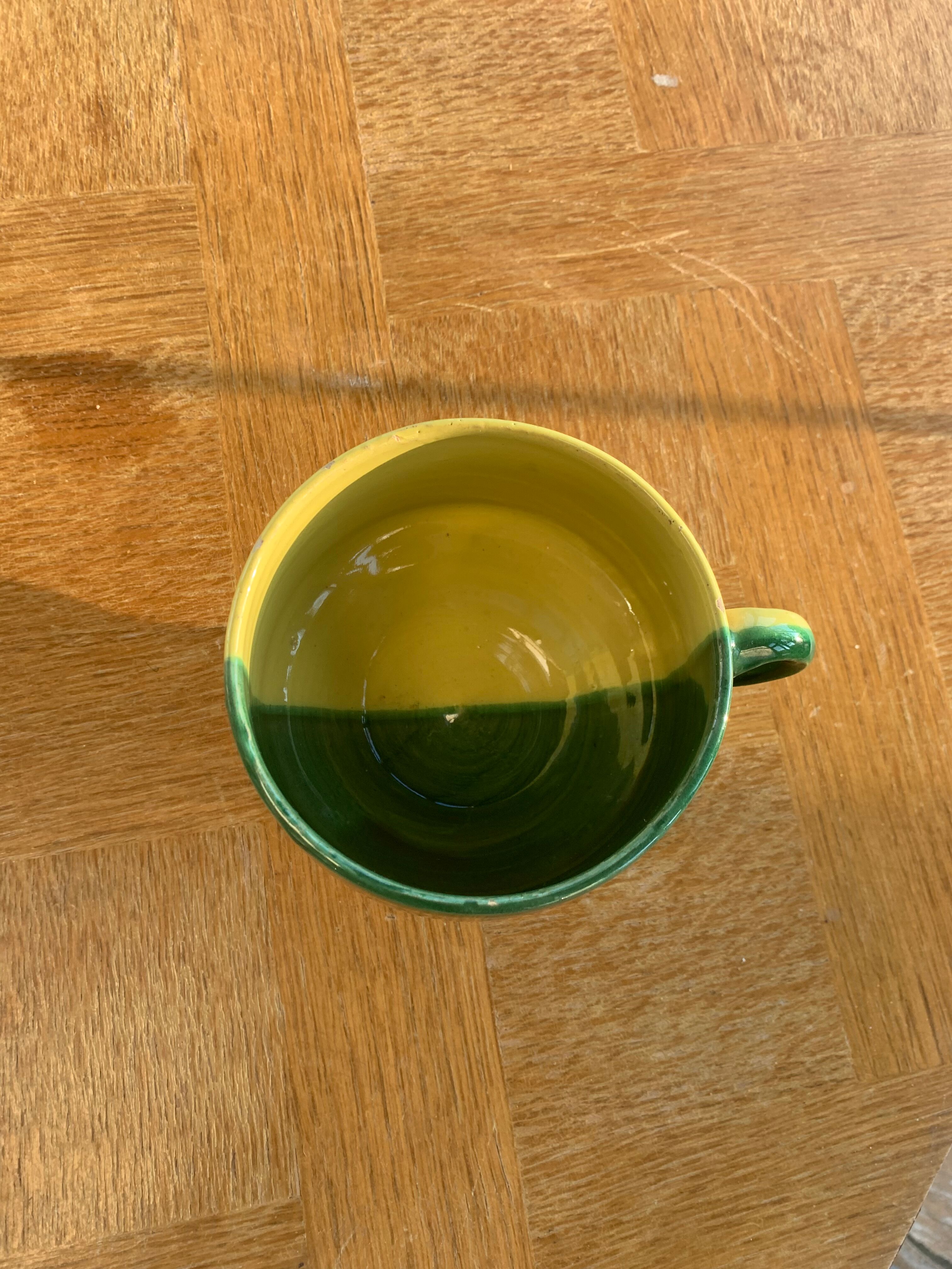 Large bowl in vintage green and yellow enamelled ceramic