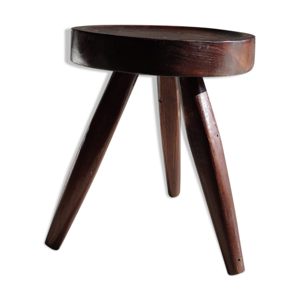 Tabouret en bois massif brun assise circulaire creusée h:35cm