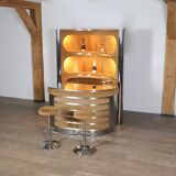 Suede and chrome dry bar with barstools in cognac, italy 1970s