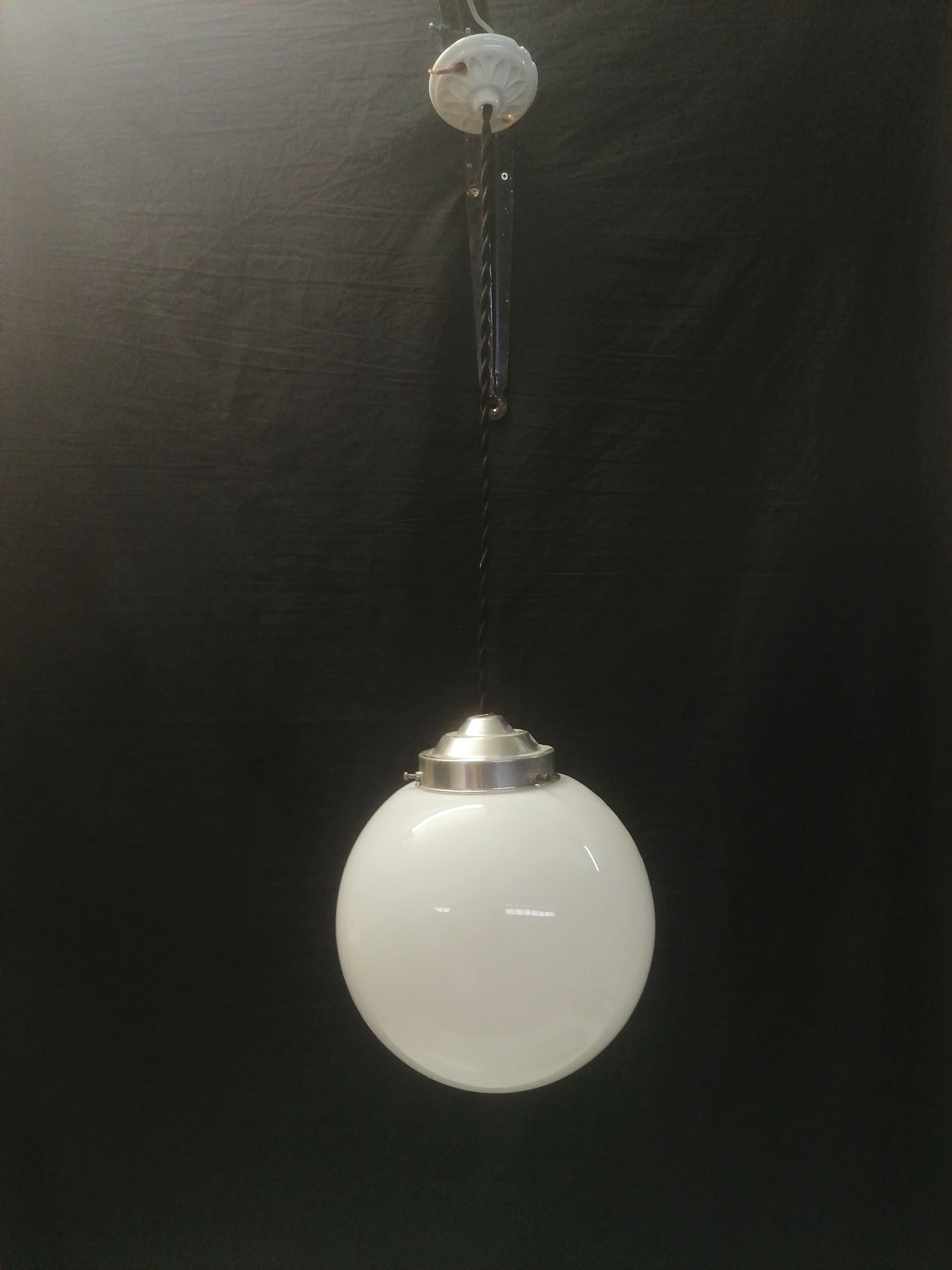 Art Deco Suspension - White Opaline Globe - Porcelain Pavilion -CIRCA 1940