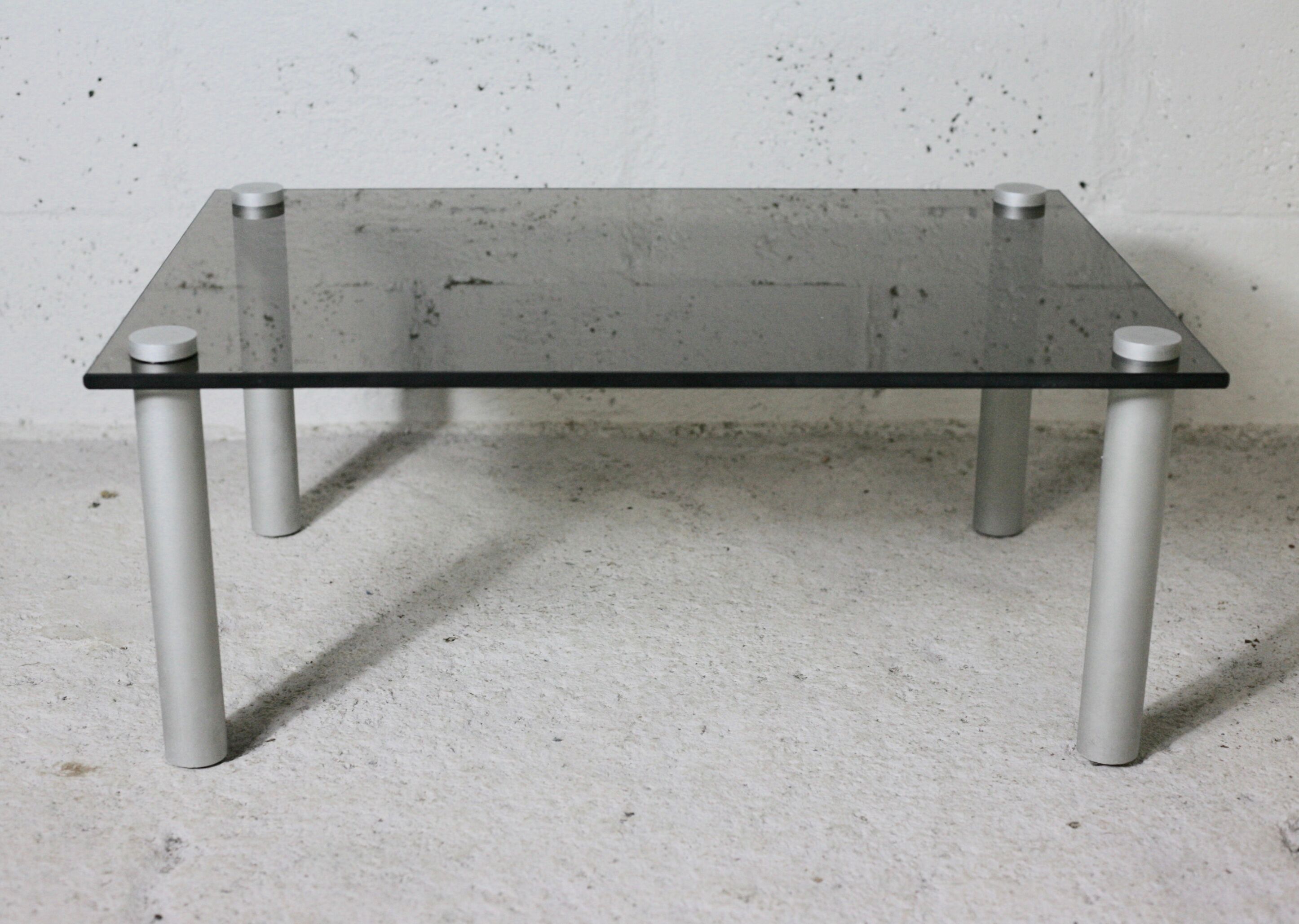 Coffee table cylindrical footings, tray smoked glass, circa 1970