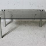 Coffee table cylindrical footings, tray smoked glass, circa 1970