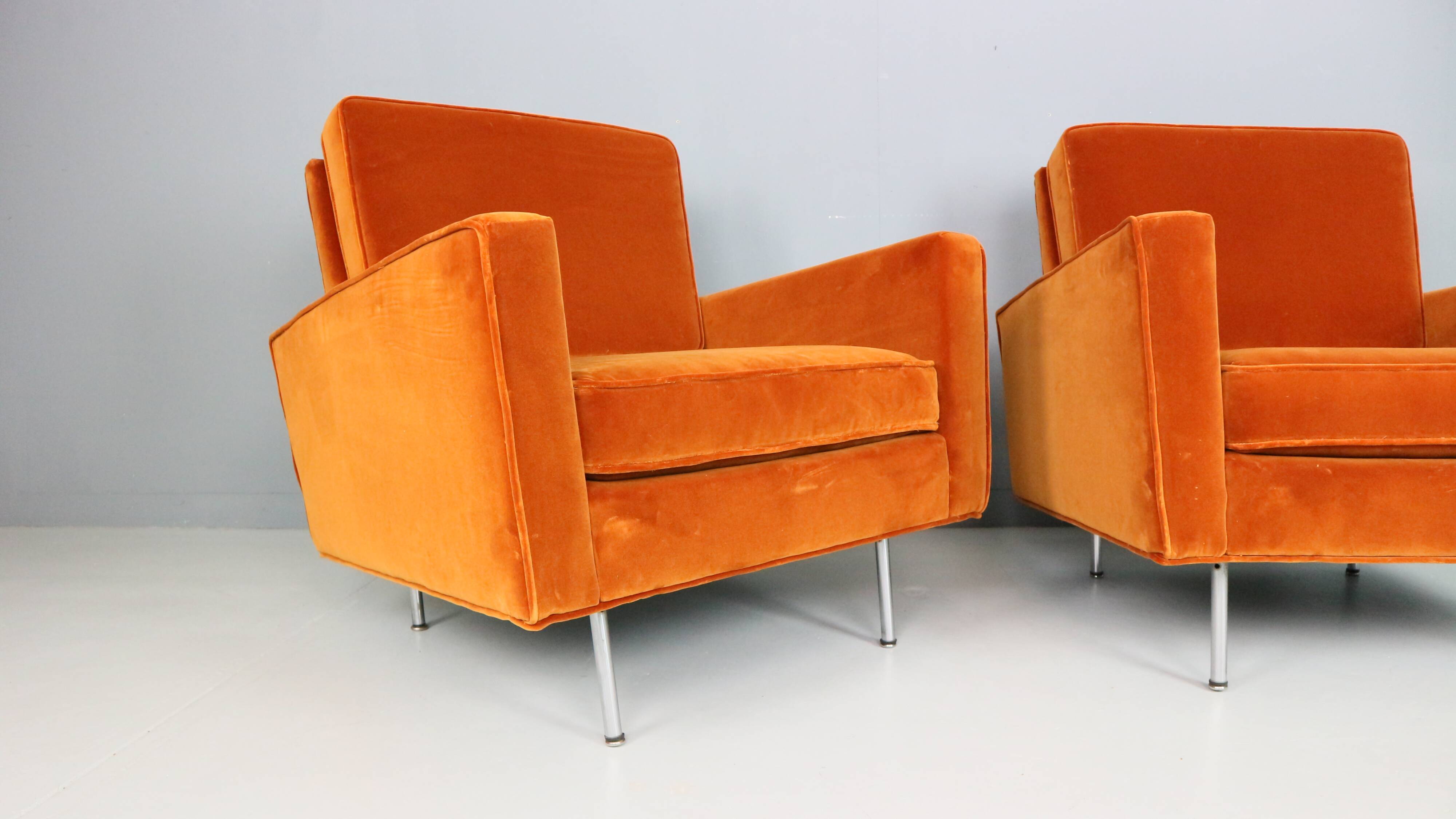 Pair of 1st edition easy chairs 25 BC by Florence Knoll in velvet, 1950s
