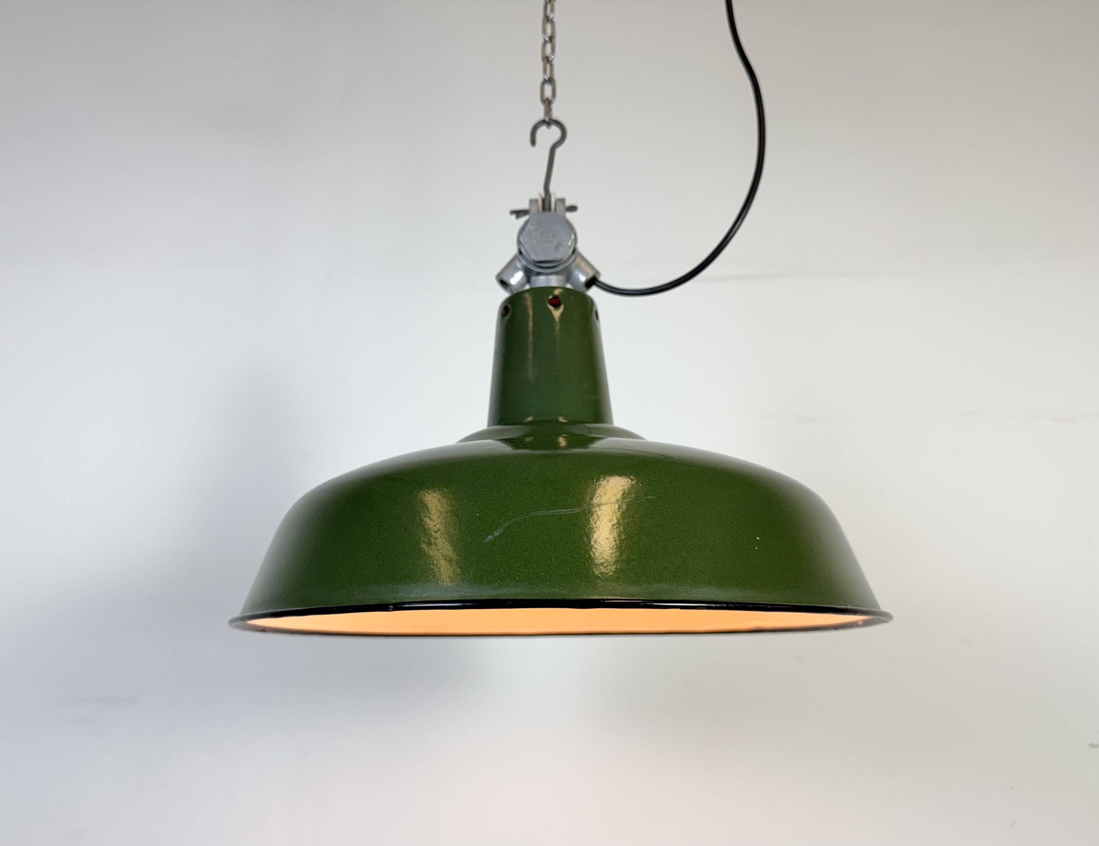 Industrial French Green Enamel Factory Pendant Lamp, 1960s