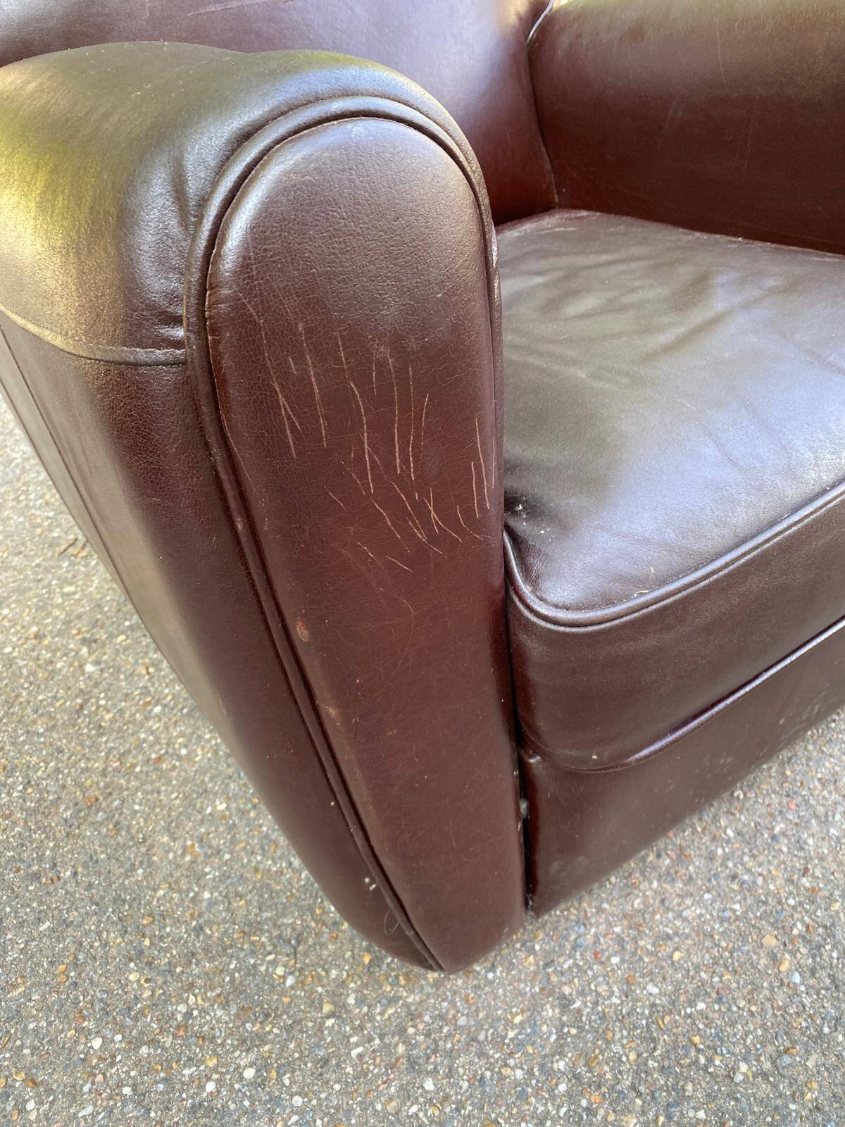 Burgundy brown leather living room sofa and club chair