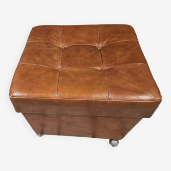 Pouf coffre ottoman 1960 cuir sur roulette vintage