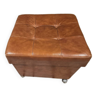 Pouf coffre ottoman 1960 cuir sur roulette vintage