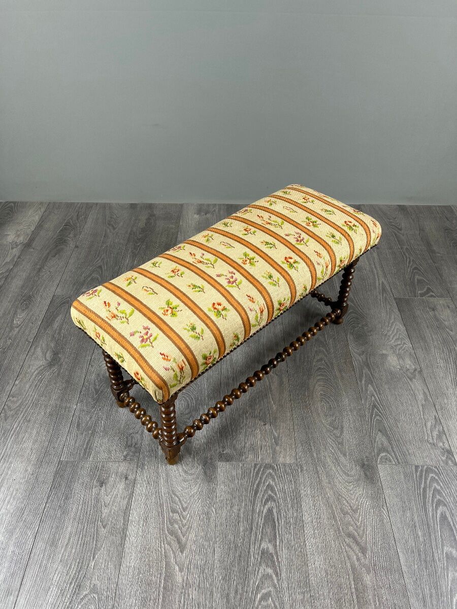 Antique Turned Wood Bench, Floral Tapestry Seat, 20th Century