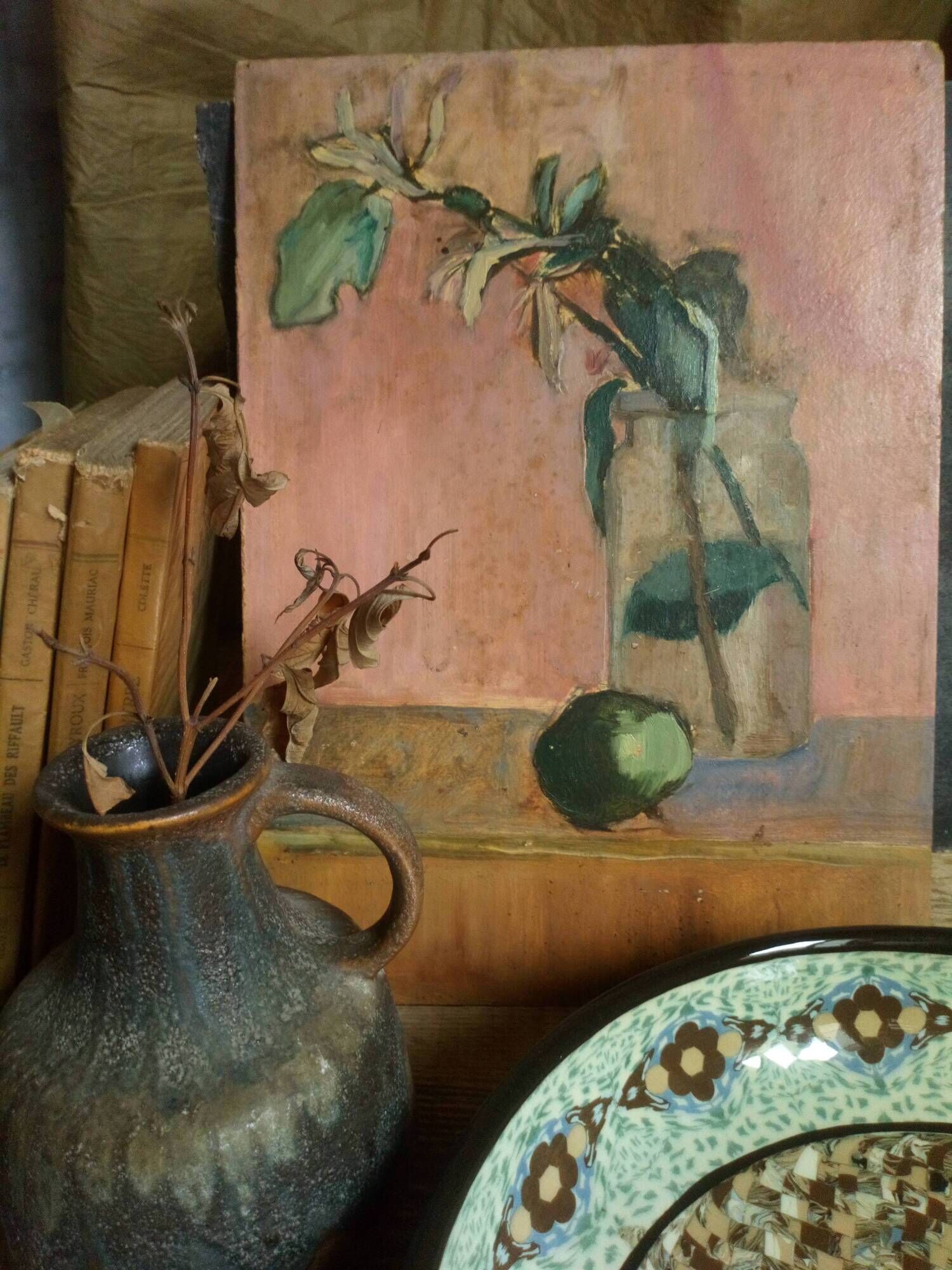 Oil painting on cardboard honeysuckle branch
