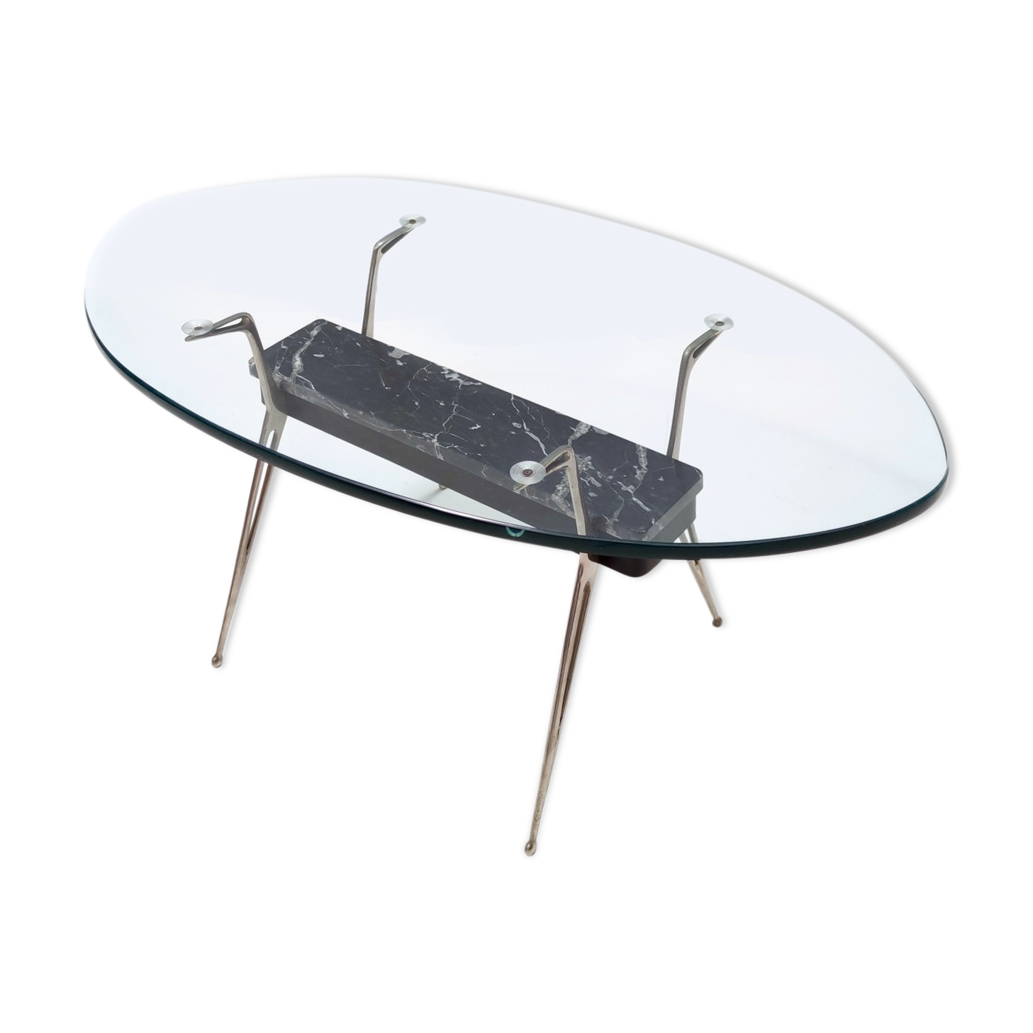 Midcentury Oval Glass Coffee Table with Portoro Marble, Italy
