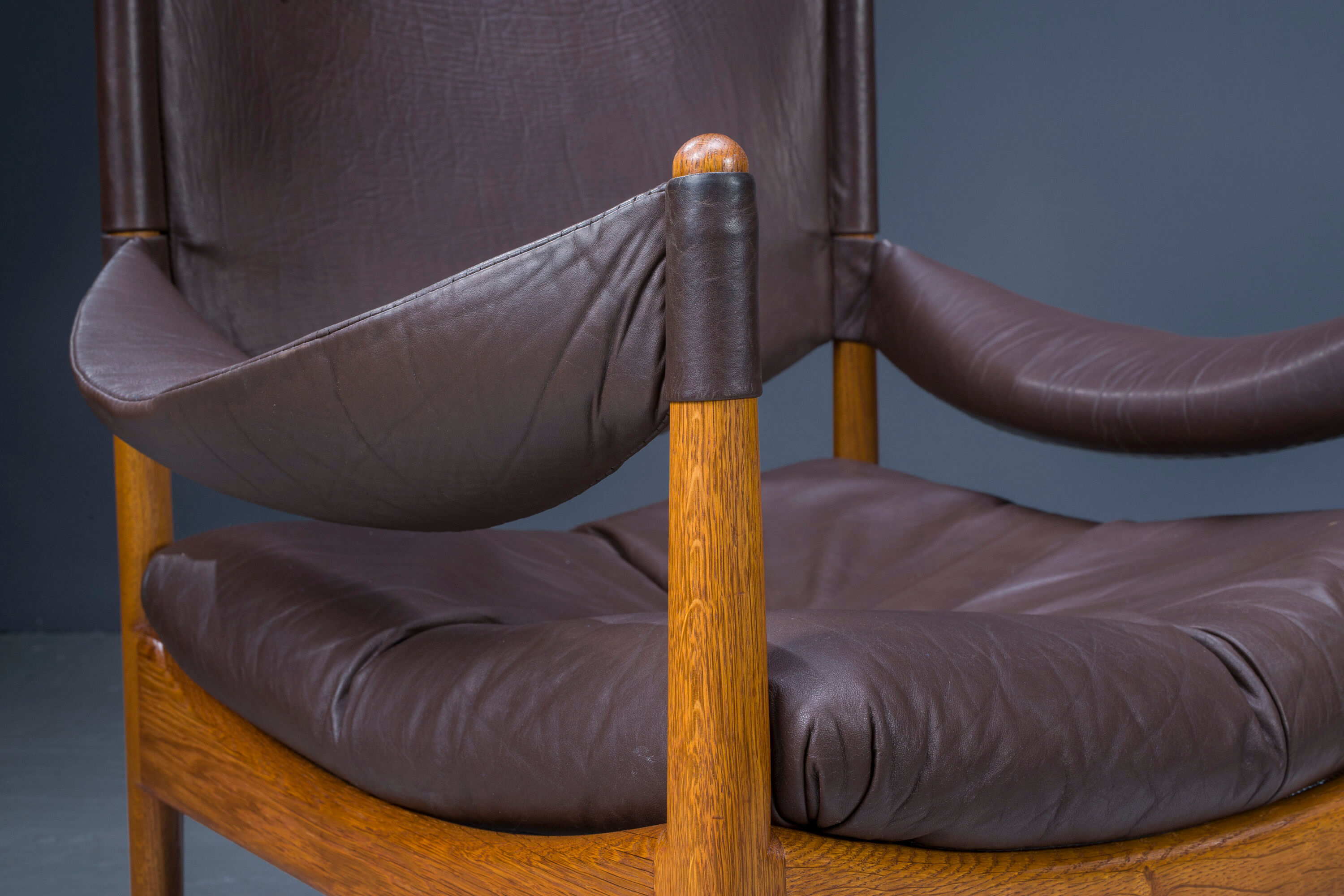 Mid-century danish oak and leather lounge chairs & ottoman by kristian vedel, 1960s, set of 3