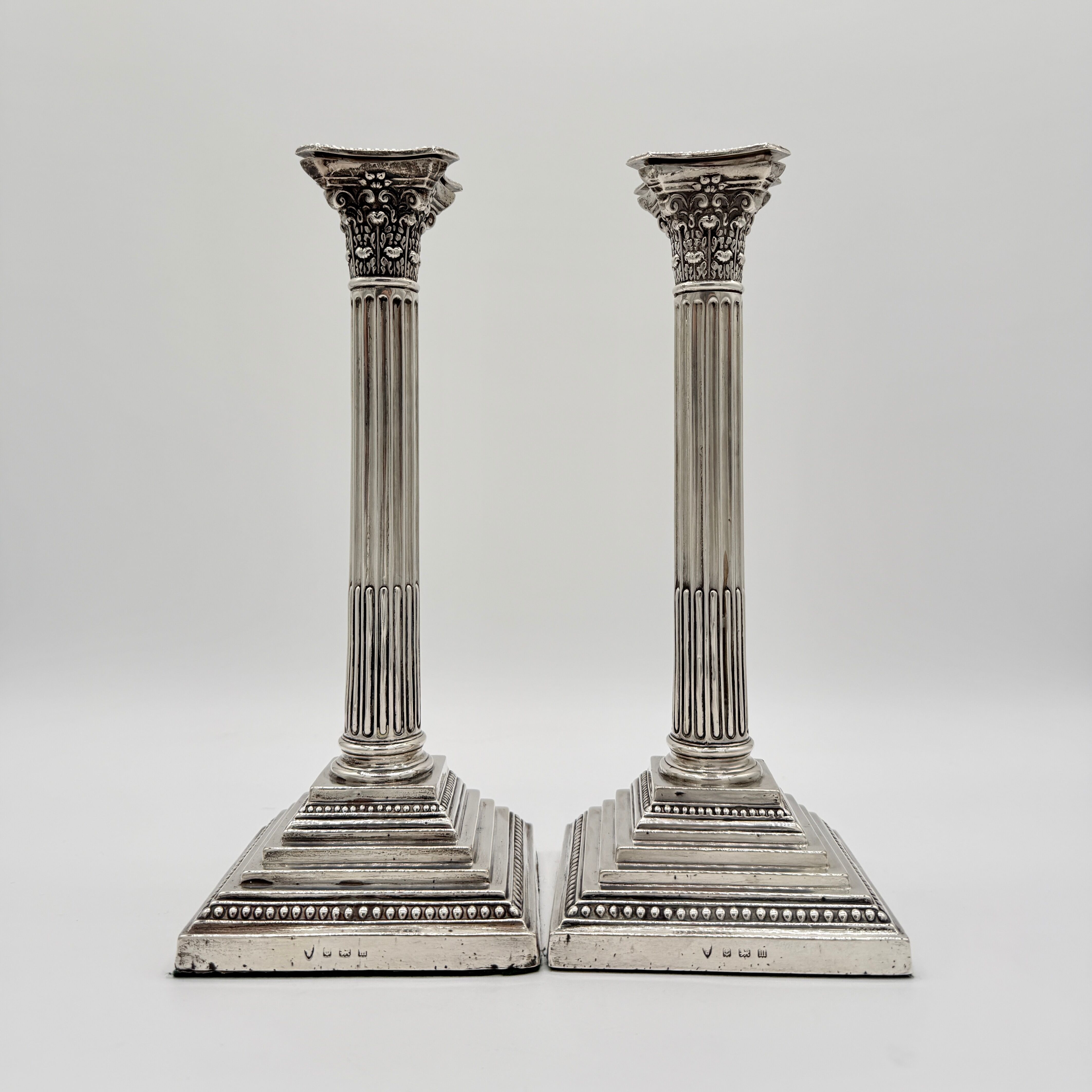 Pair of Victorian Sterling Silver Corinthian Column Candlesticks