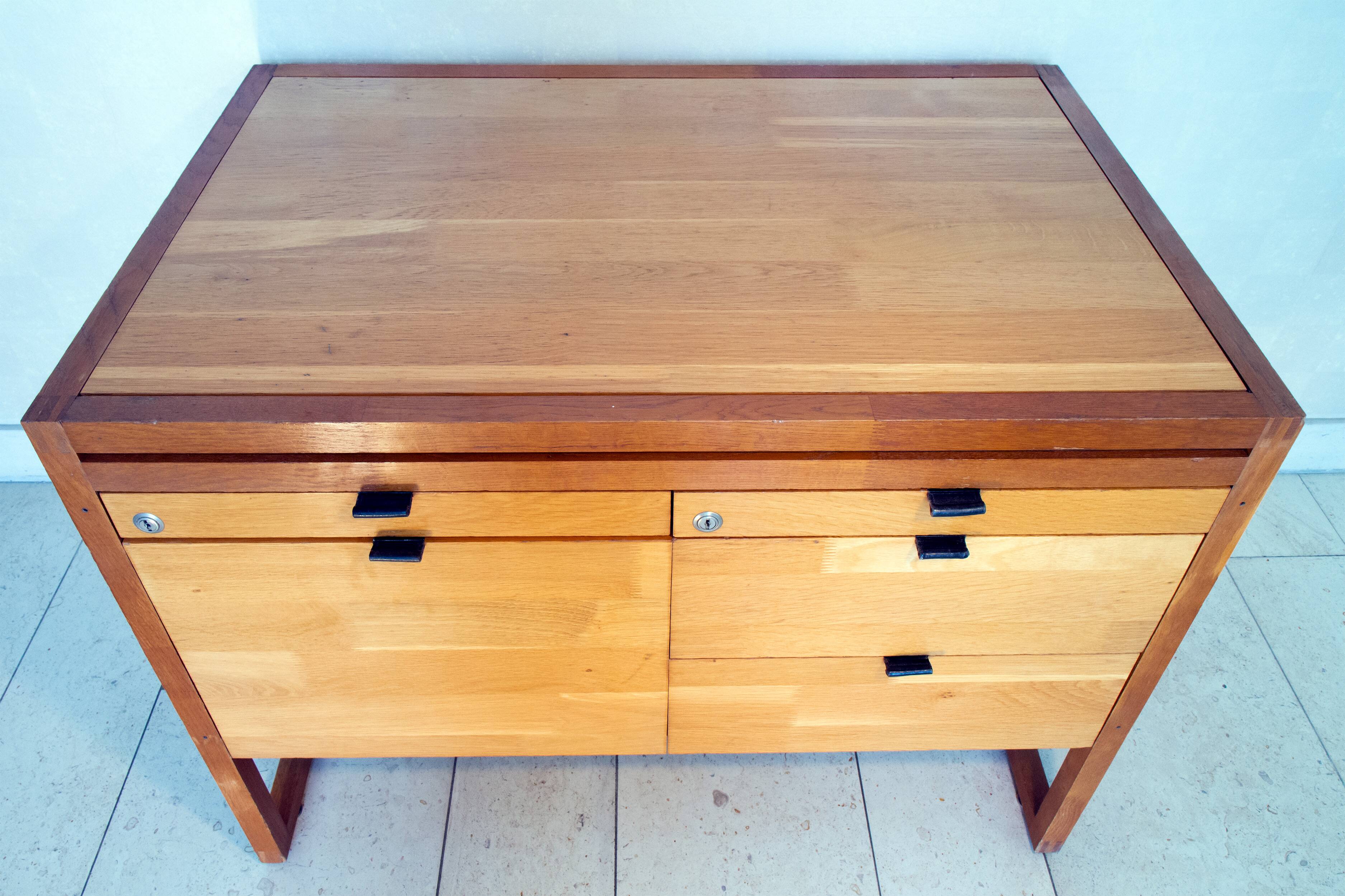 Scandinavian storage unit, solid wood and leather