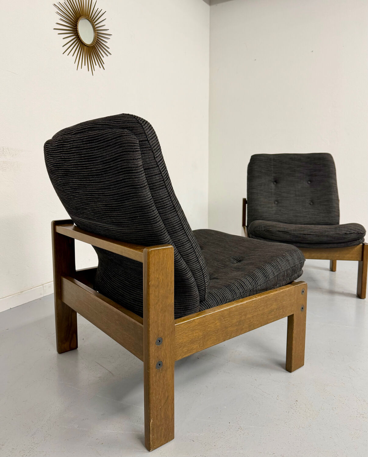 Lot of 2 adjustable wooden fabric chairs, Scandinavian design, vintage 1970s.