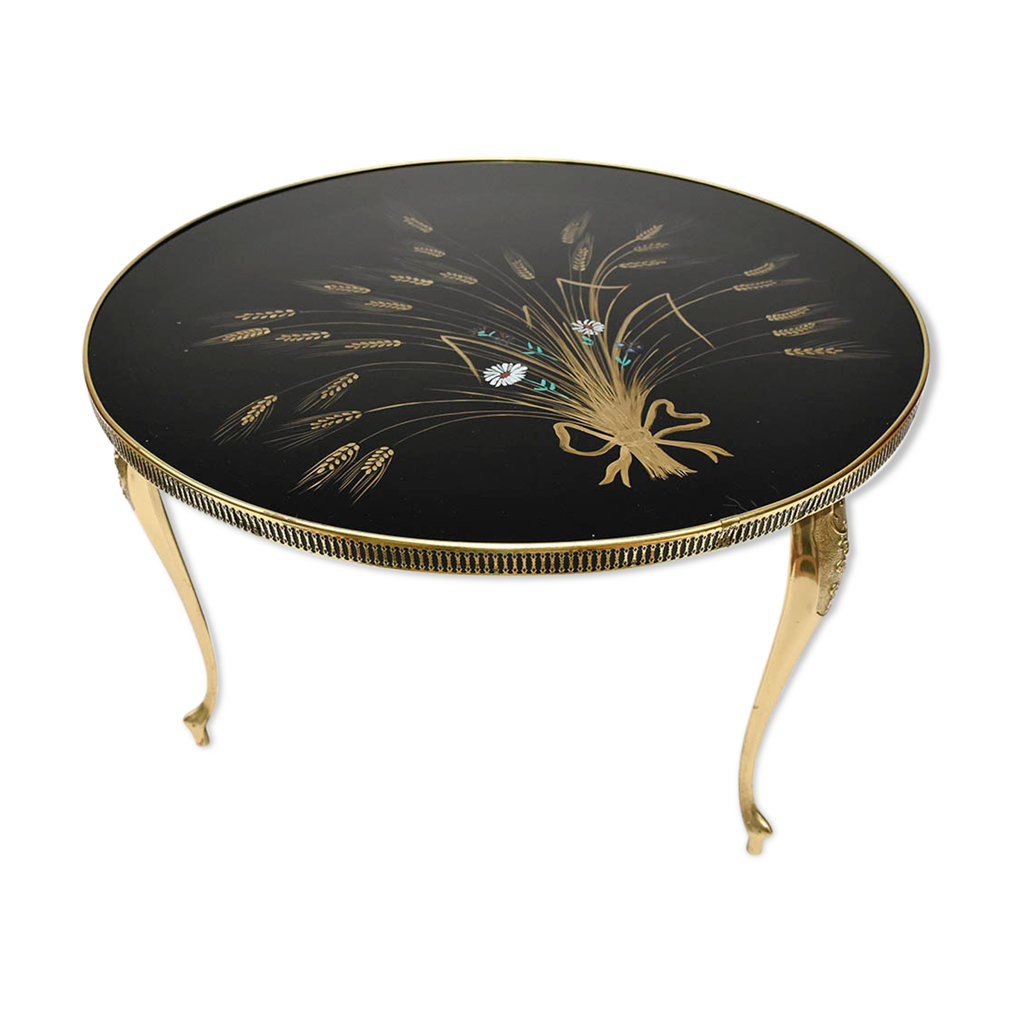 Round coffee table black glass floral brass structure D 60 cm vintage - Brocante Chic