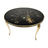 Round coffee table black glass floral brass structure D 60 cm vintage - Brocante Chic