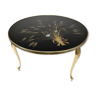 Round coffee table black glass floral brass structure D 60 cm vintage - Brocante Chic