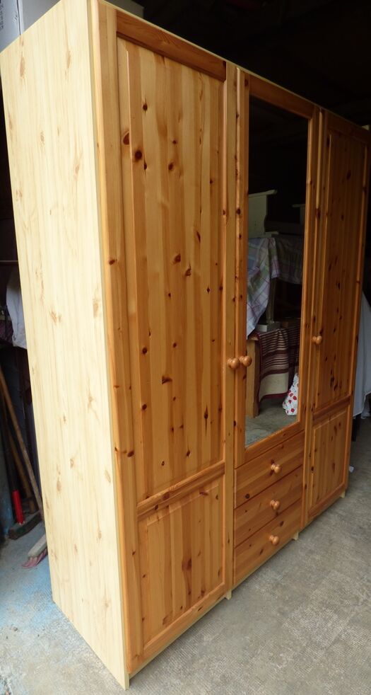 Wardrobe three doors, one with mirror, three drawers in solid pine wood