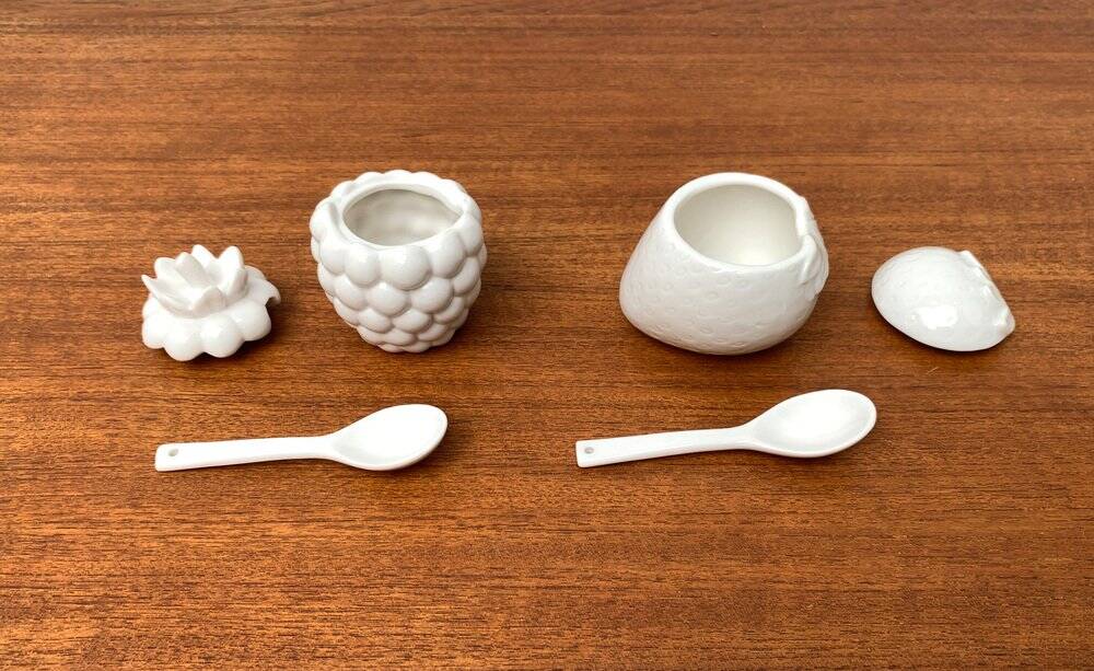 Vintage German porcelain jam pot with lid and spoon from Krömer Porzellan, 1970s, set of 2.