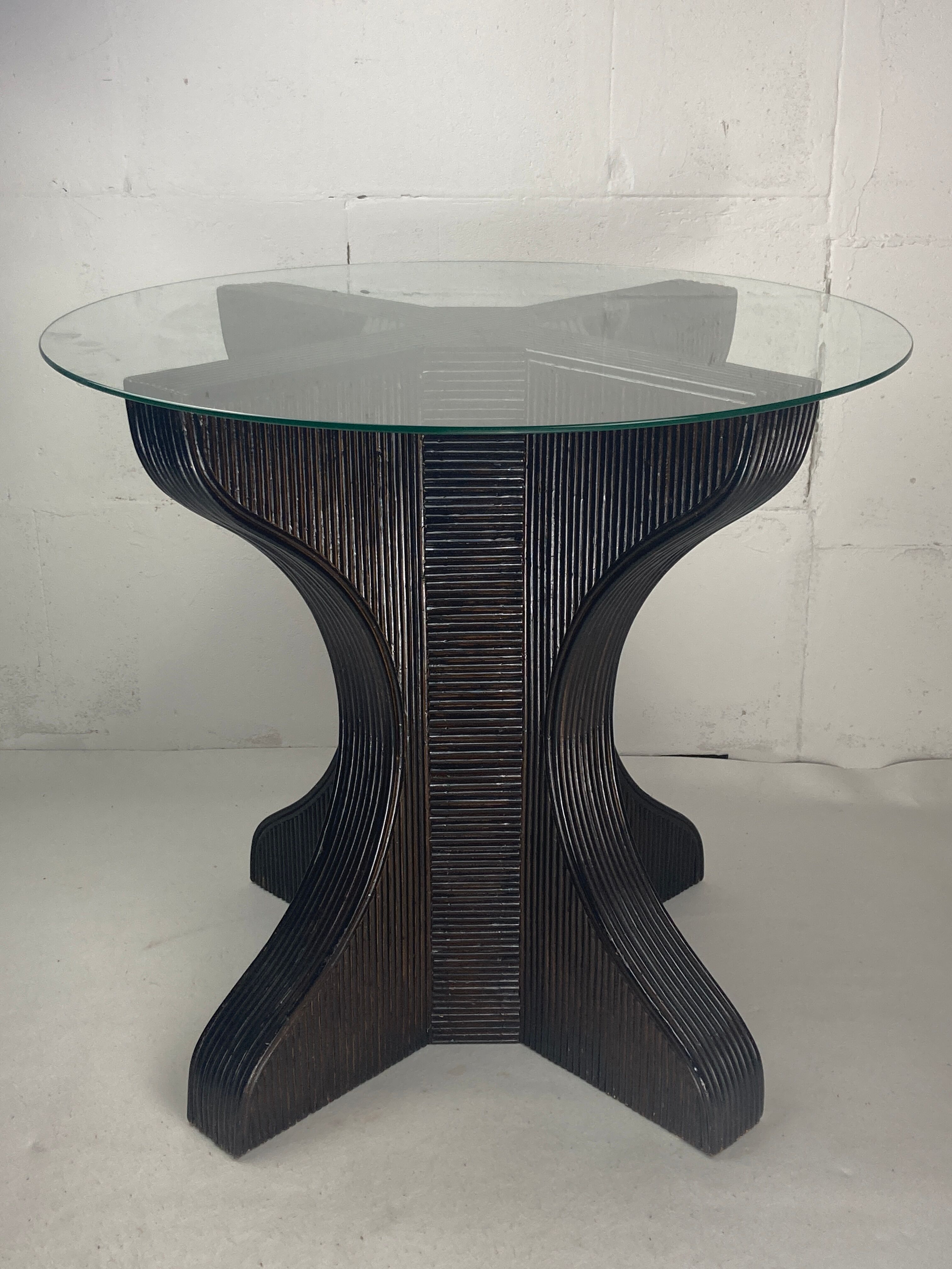 Pencil reed rattan bamboo dining or side table base with smoked glass top, 1970s