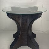 Pencil reed rattan bamboo dining or side table base with smoked glass top, 1970s