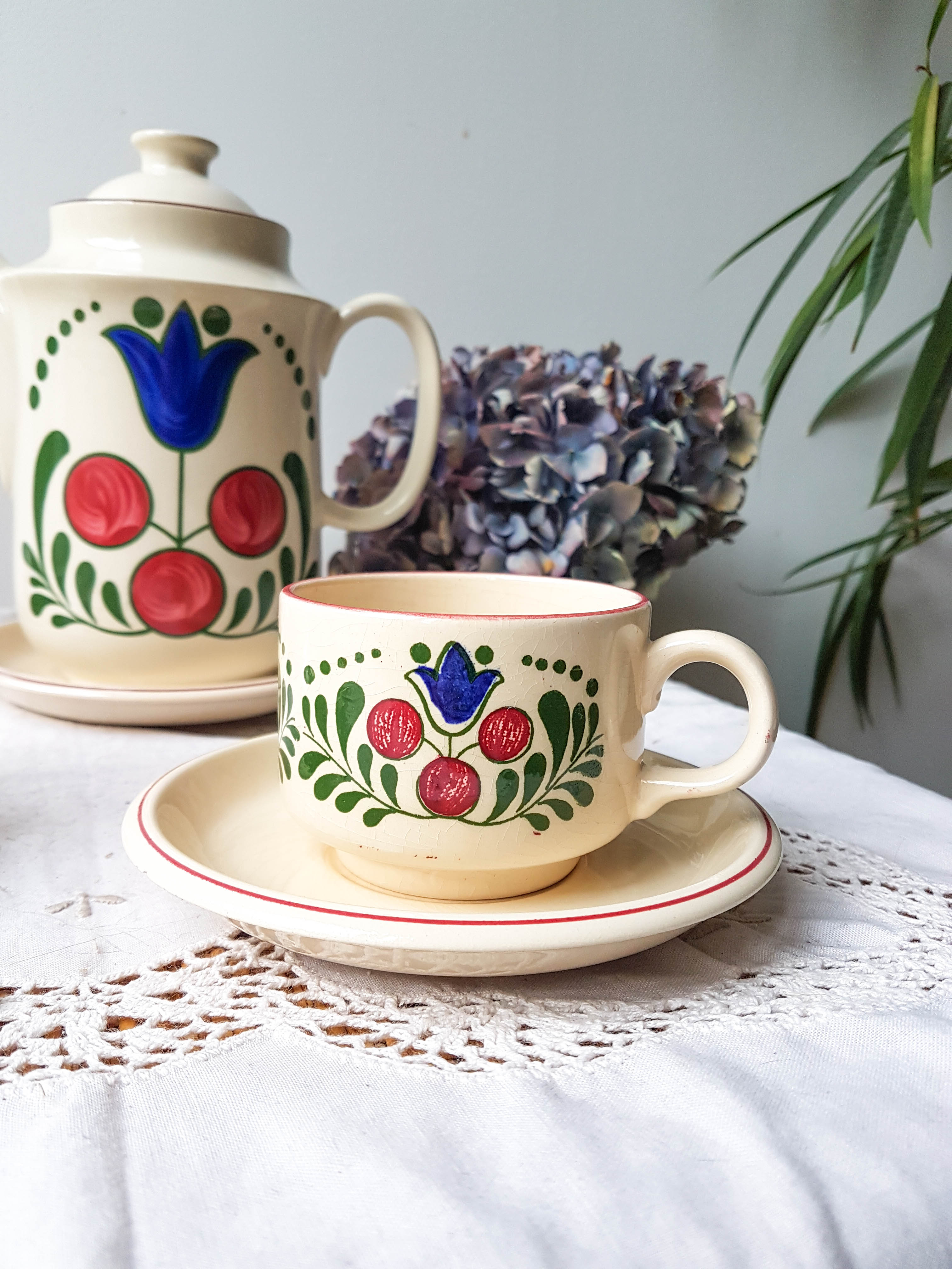 Vintage handmade earthenware coffee service for 5 people