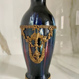 Ceramic vase with enamel drips, brass mount, around 1920, Be