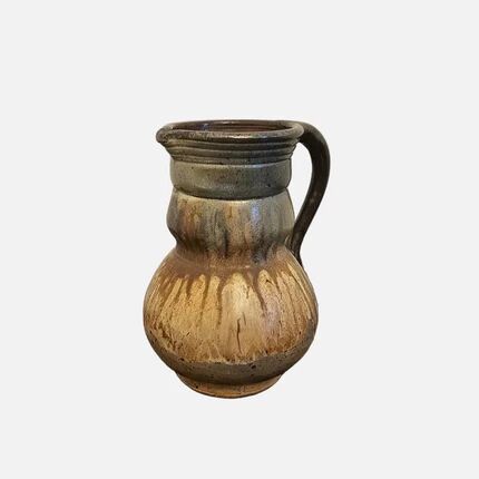 Decorative pitcher or vase in signed stoneware, beige and brown - rustic art style.