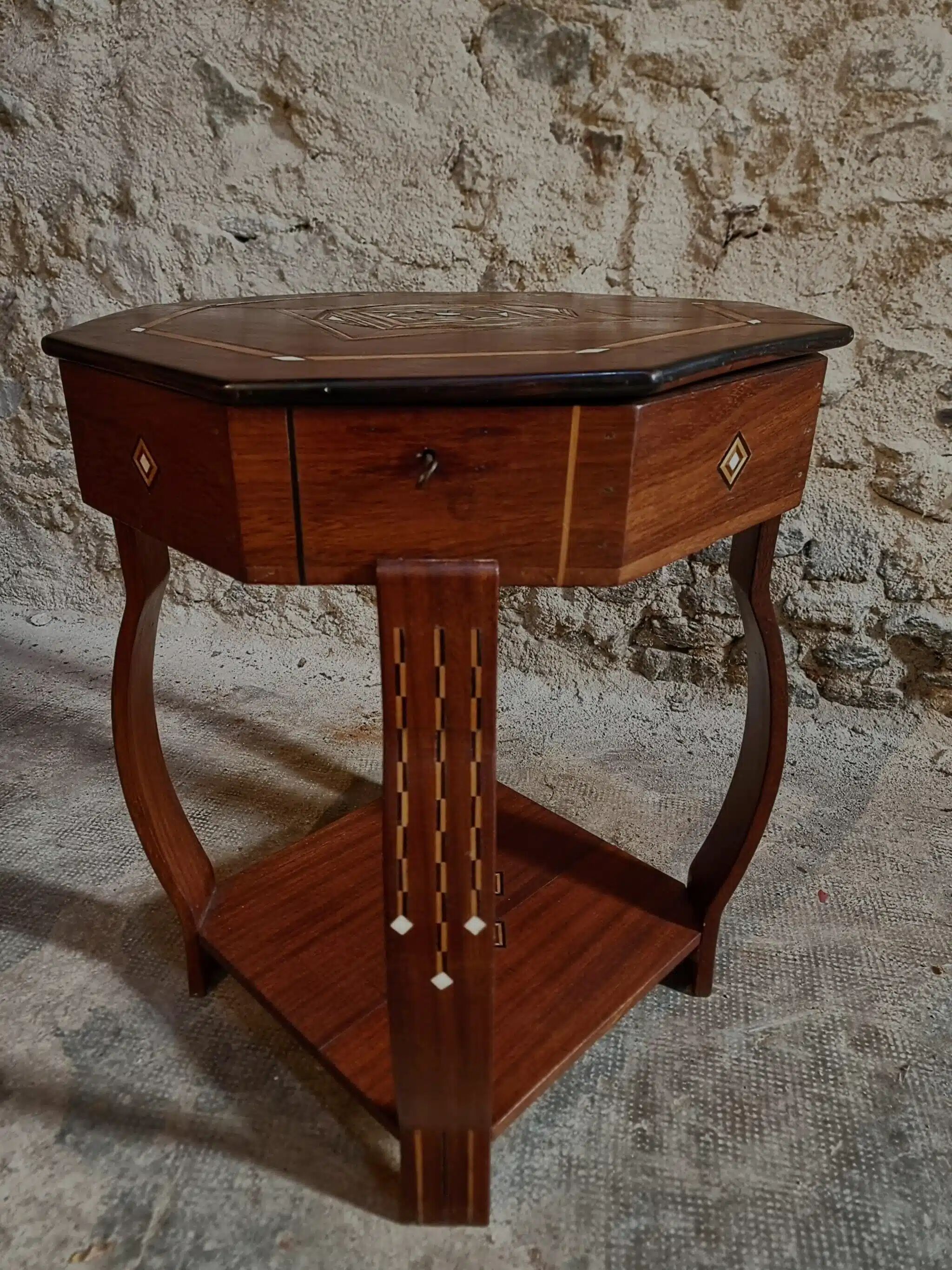 Table d'appoint incrustée, table à couture, bois d'acajou, table de rangement Art déco
