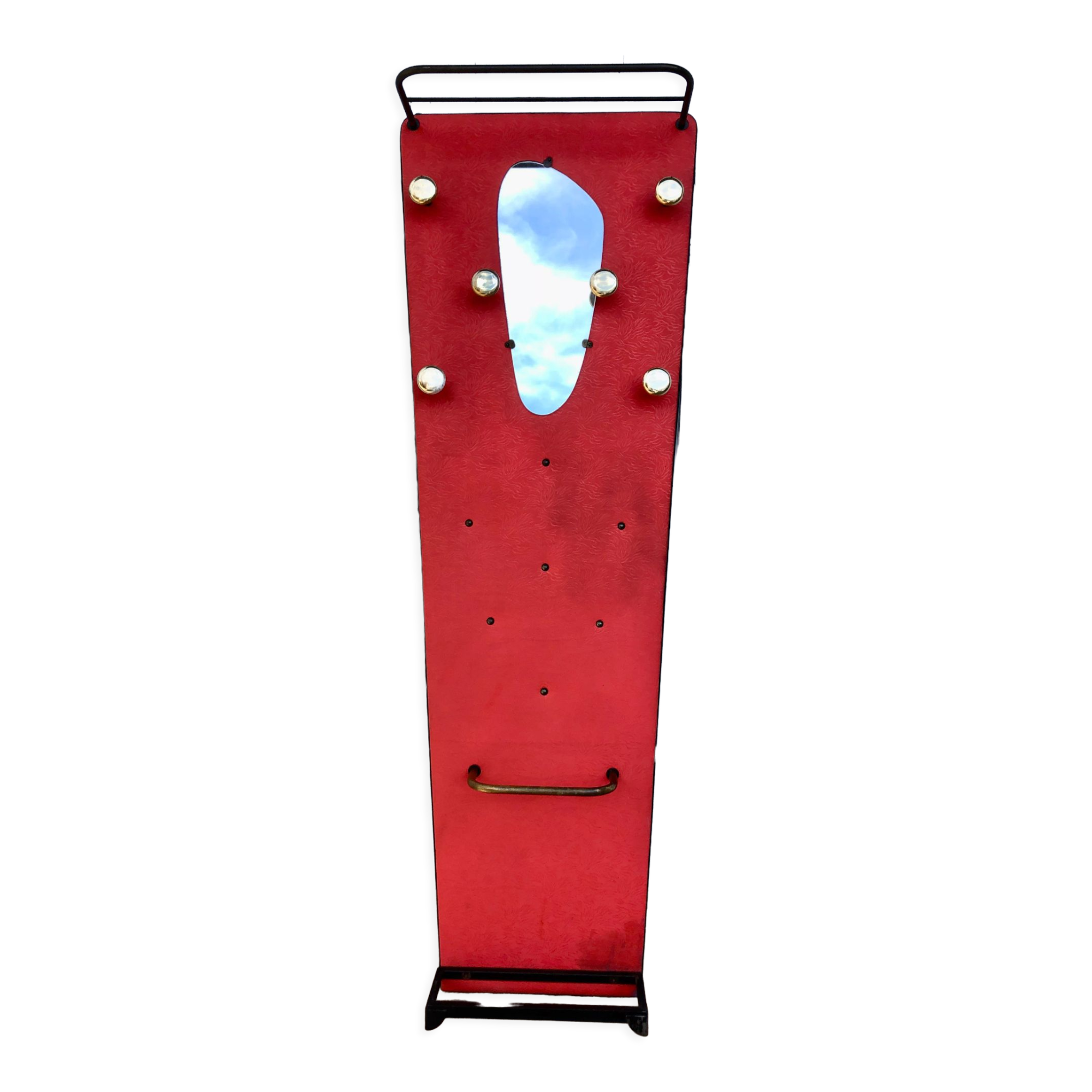 Porte-manteau rouge 1950 miroir forme libre patères laiton
