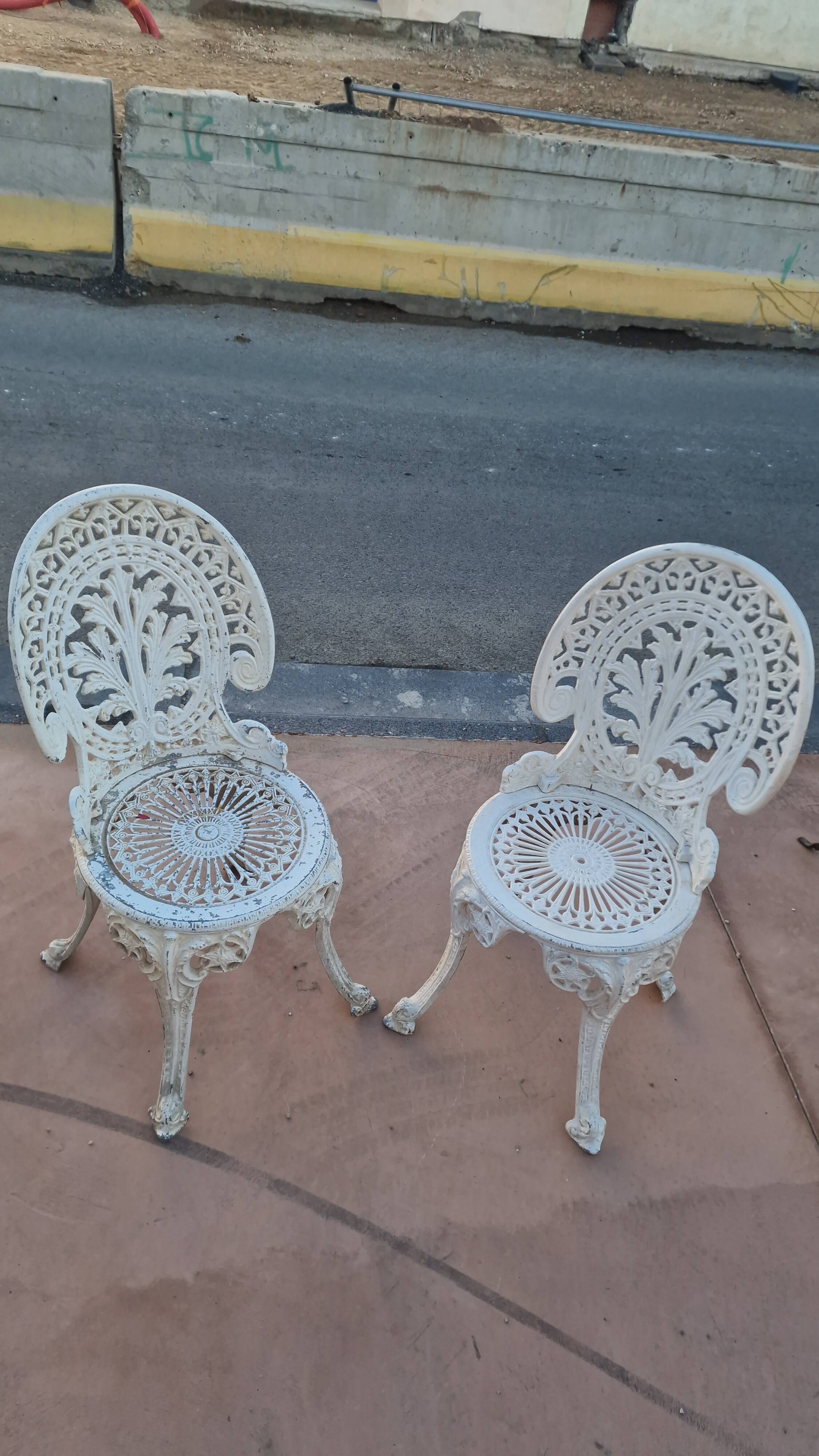 Pair of antique openwork aluminum garden chairs – Victorian style