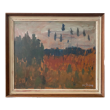 Peinture à l’huile de paysage vintage suédoise « Récolte d’automne » moderne du milieu du siècle, encadrée