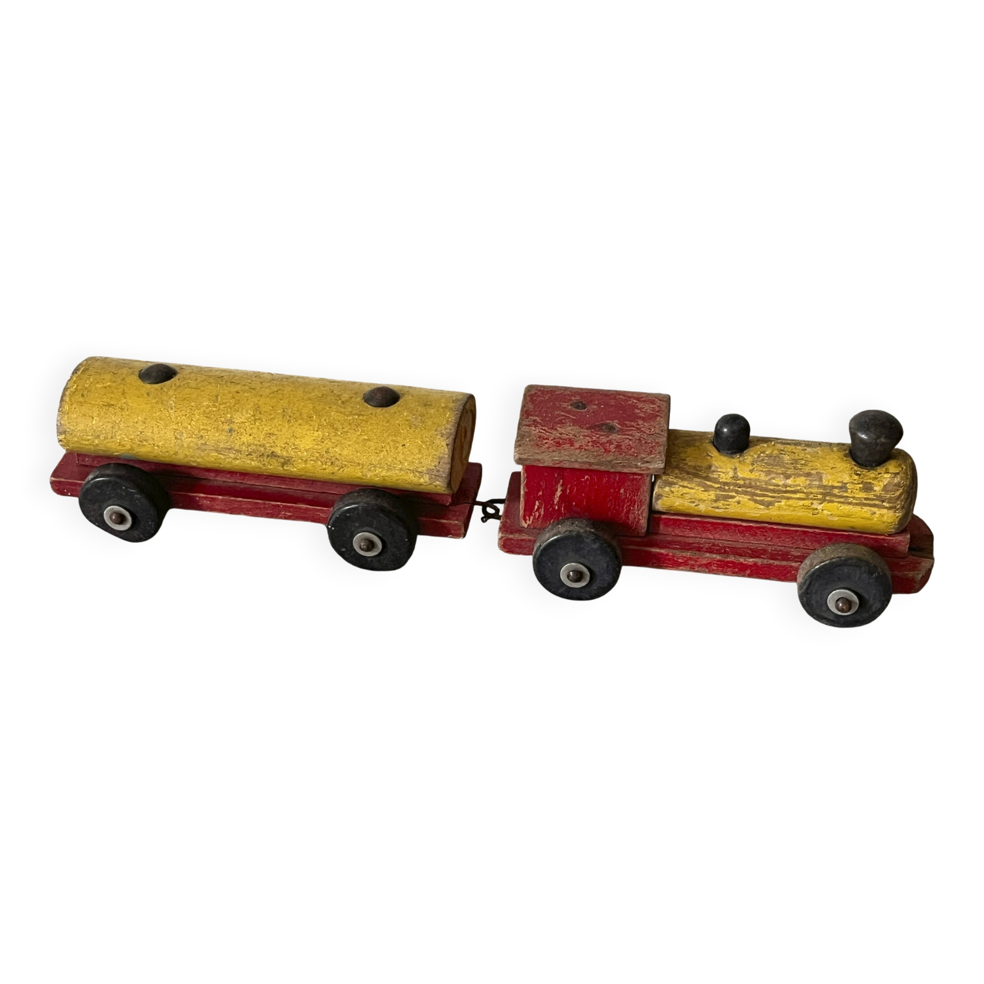 Petite locomotive et son wagon en bois de la marque Clairbois
