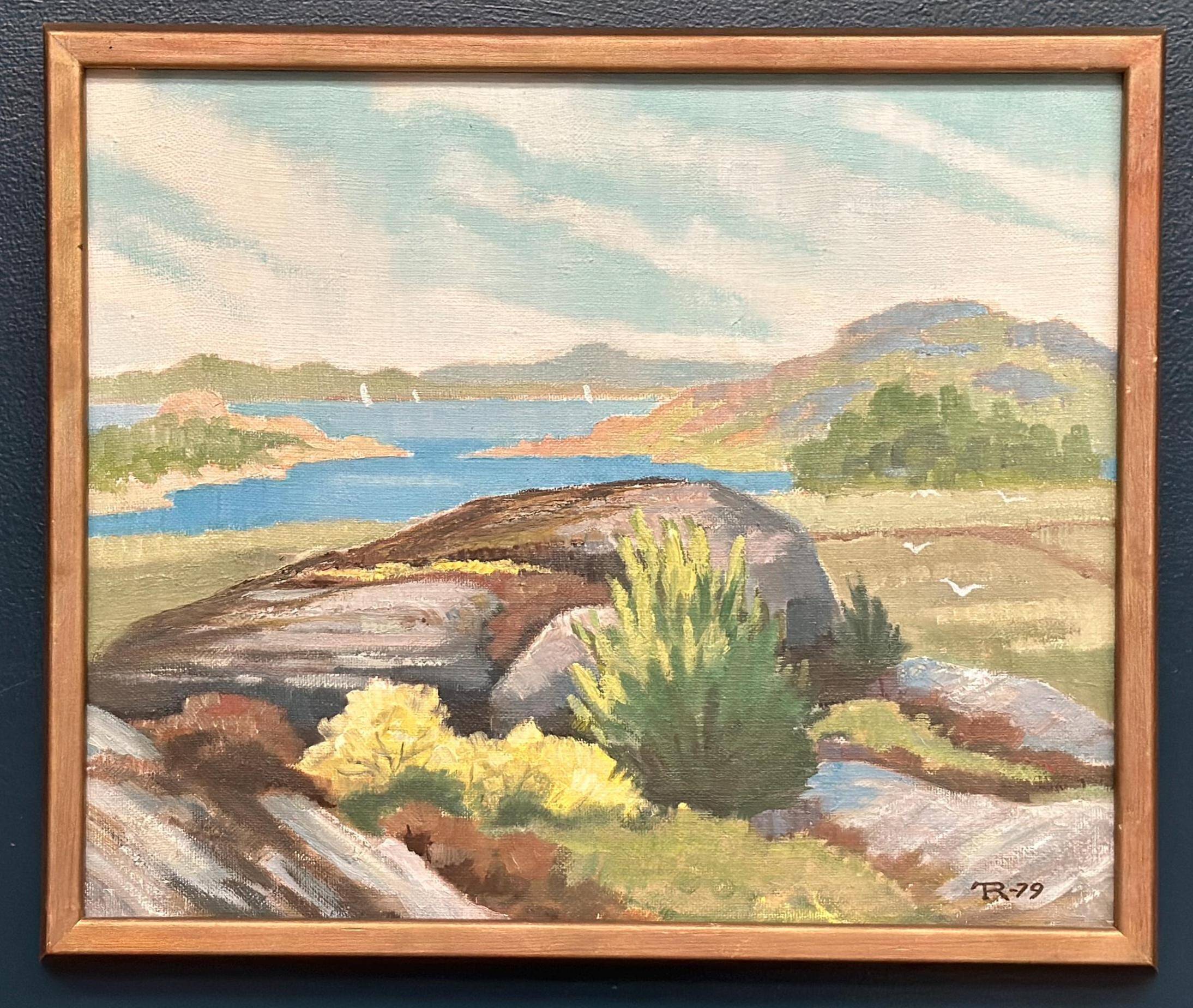 Huile sur toile originale suédoise – “Côte” par R, 1979 – Vintage et encadrée – 50 × 42 cm (19,7" × 16,5")