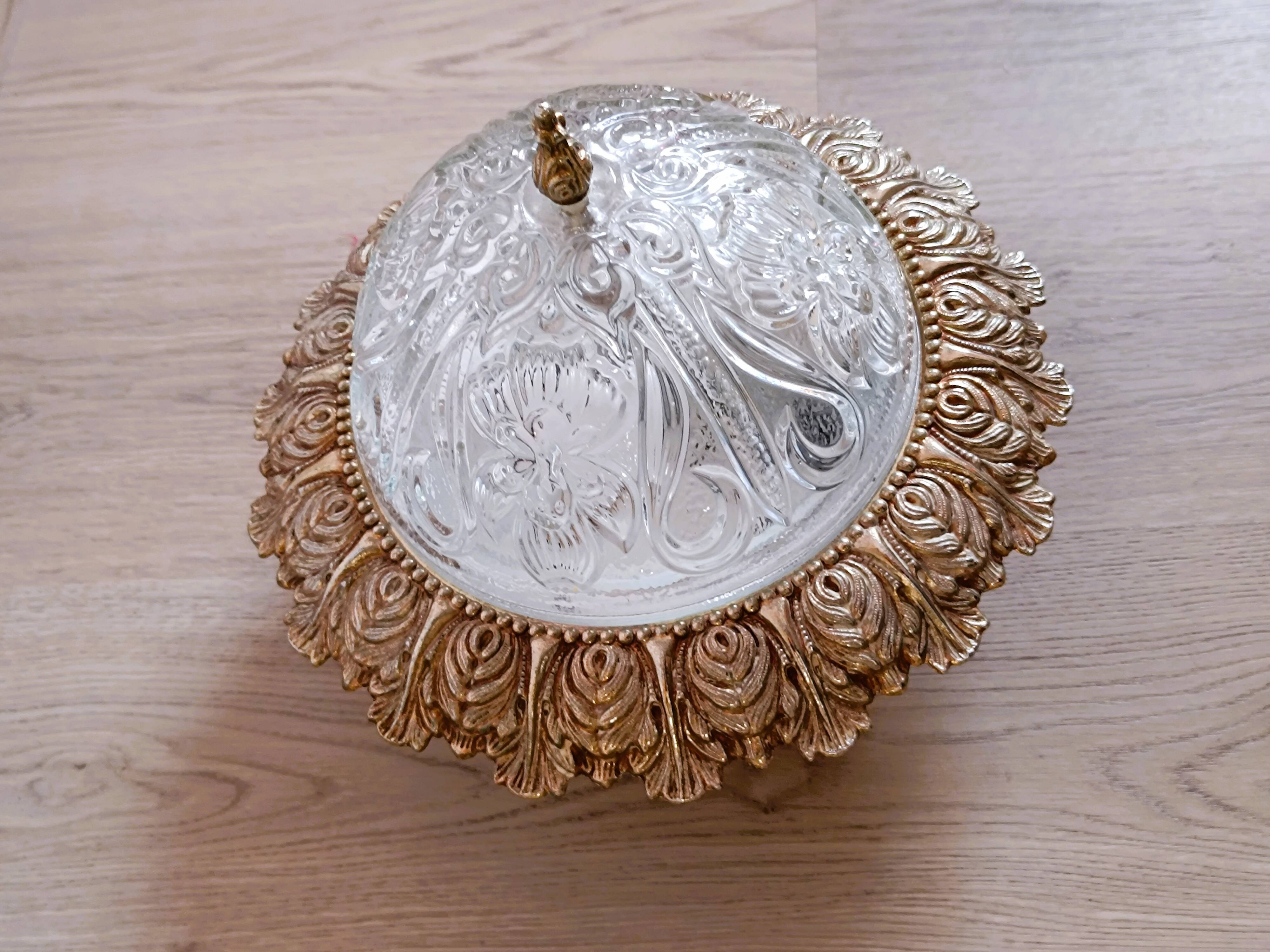 1960s molded glass ceiling light with brass crown