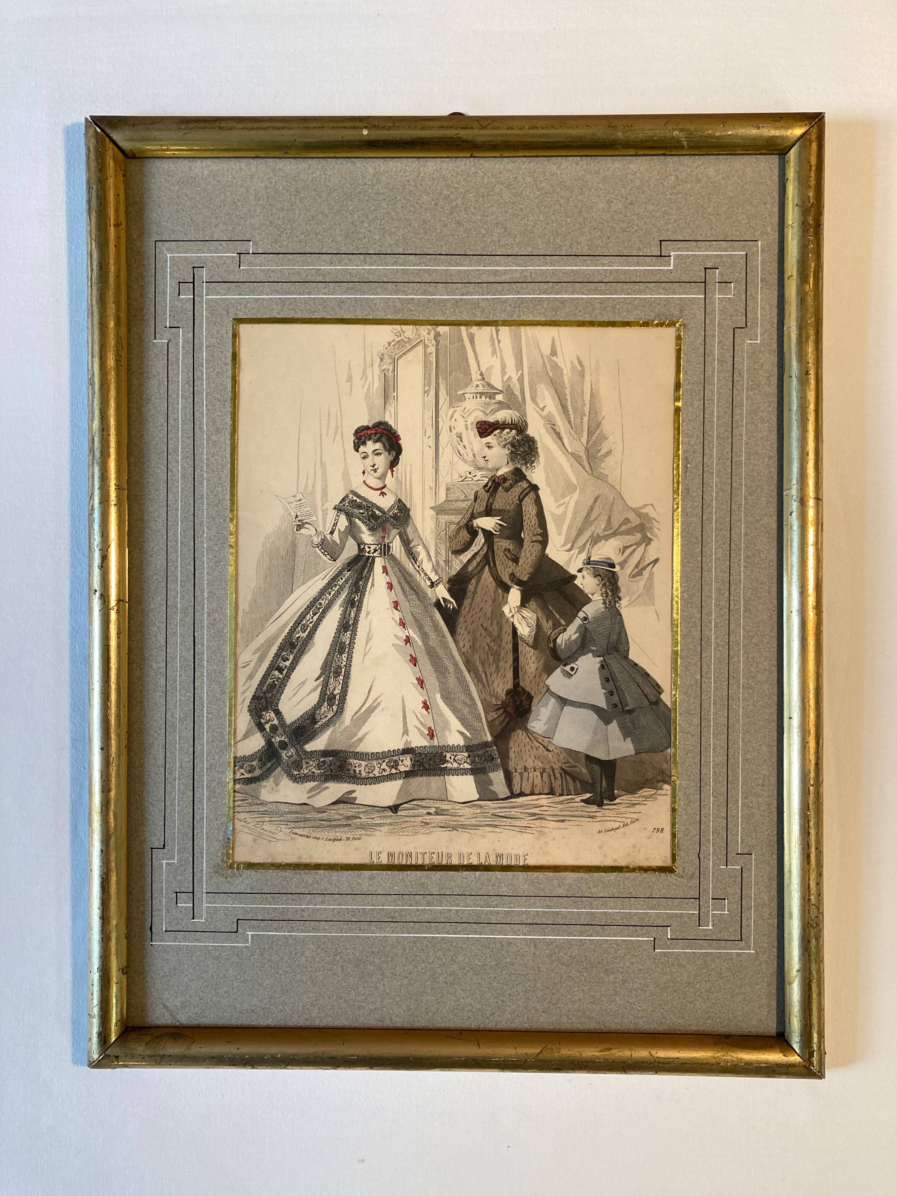 Old frame with illustrated page from the newspaper "Moniteur de la mode", Paris, late 19th century