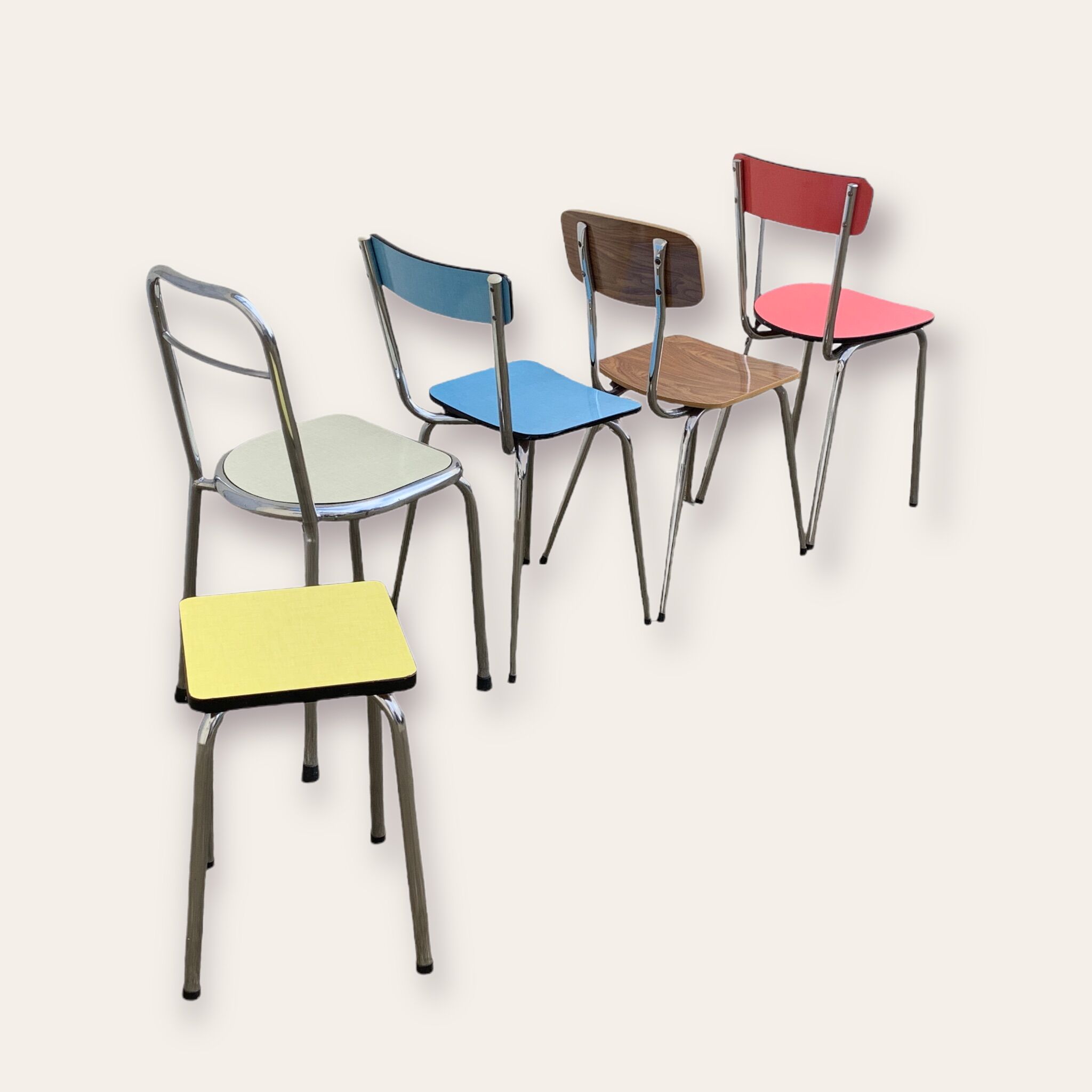 Mismatched formica chairs and stool 1960
