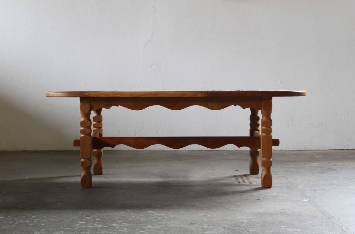 Vintage Danish brutalist oak & tile coffee table in the style of Henning Kjærnulf, 1960s