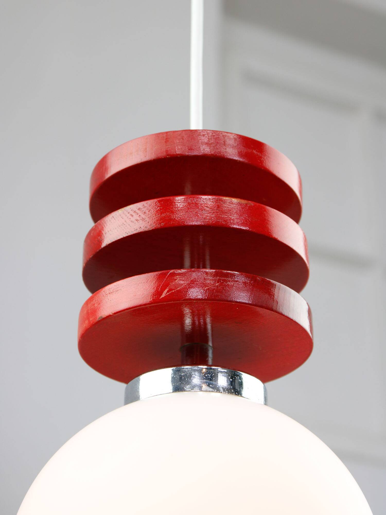 Vintage Italian Red Disc Pendant Lamp In Chrome and Wood, 1970s