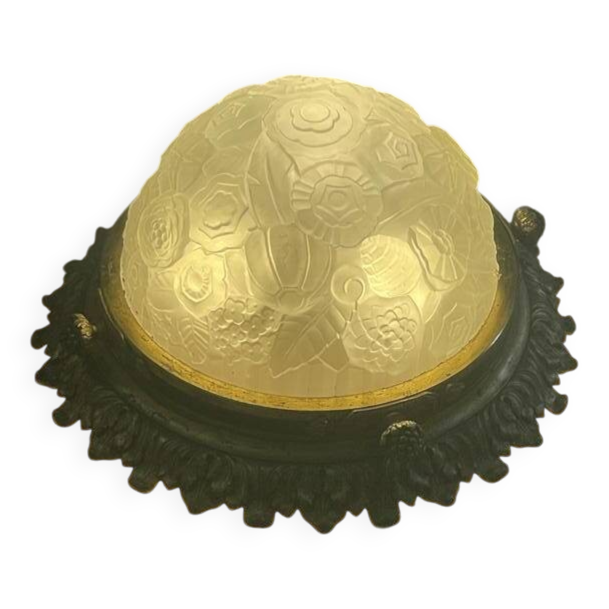 Plafonnier Art Nouveau en verre mouluré et bronze