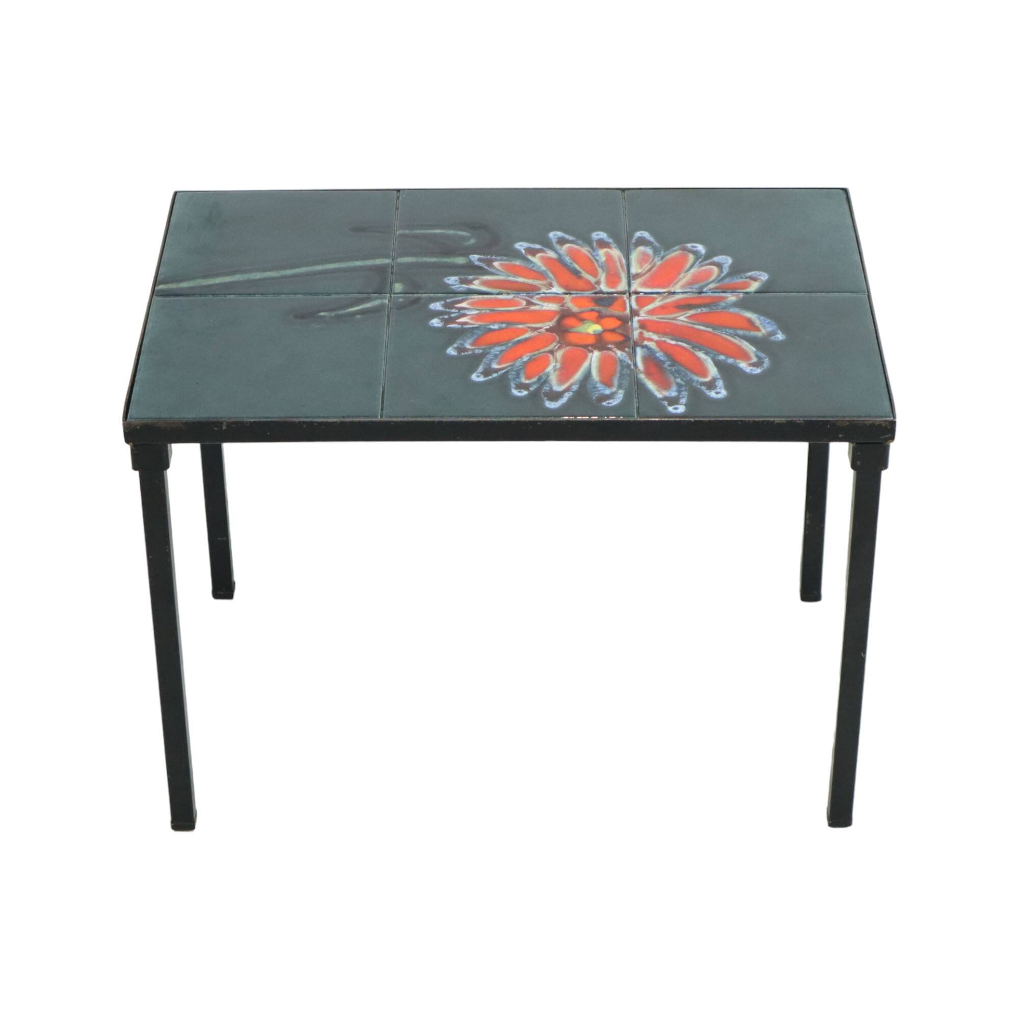 Small Ceramic Tile Table Adri Design Orange Abstract Flower 47cm
