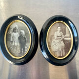 Pair of black wooden oval frames 1880’s  each 13 cm x 10 cm glass measurements 8.5 cm x 5.5 cm