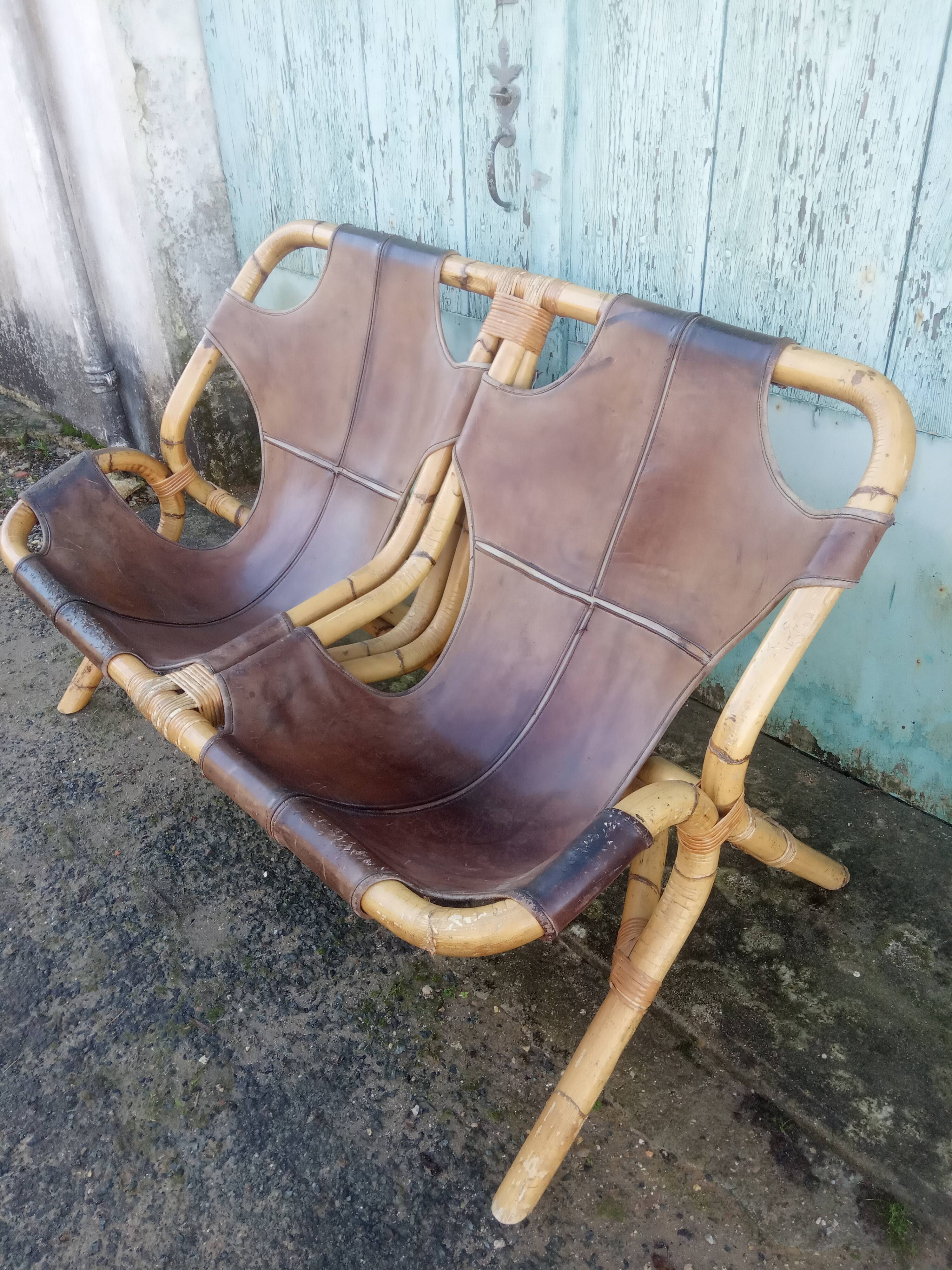 Bench 2 seater Rohe Noordwolde 60s rattan and leather