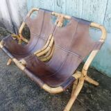 Bench 2 seater Rohe Noordwolde 60s rattan and leather