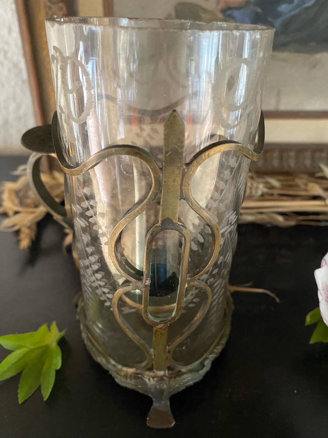 Antique glass and bronze candlestick