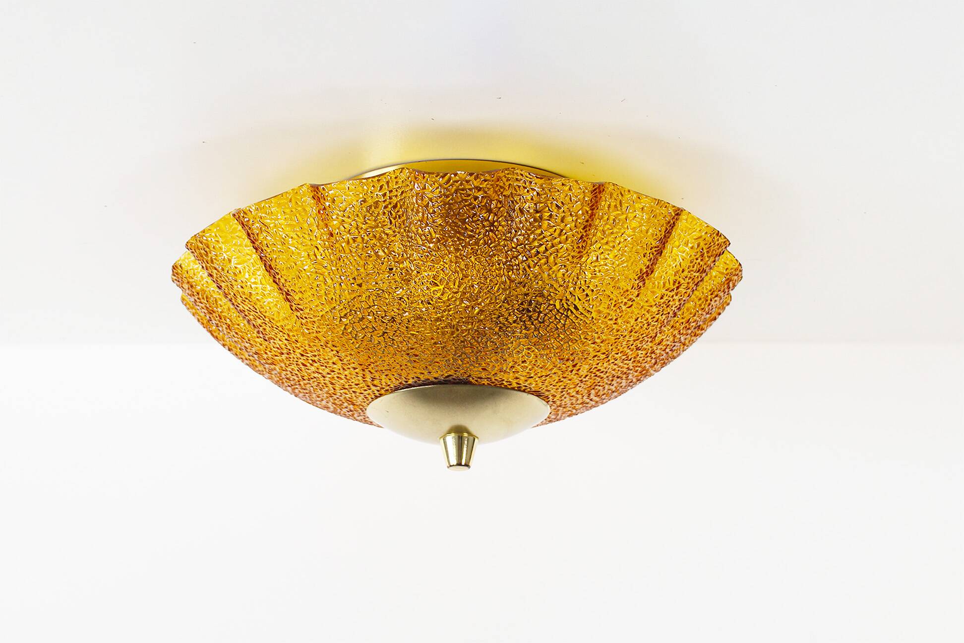 Vintage 1970's Brass and amber glass ceiling flush mount light, Germany