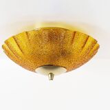 Vintage 1970's Brass and amber glass ceiling flush mount light, Germany