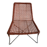 Modernist armchair in woven leather and black metal – 1960s–1970s