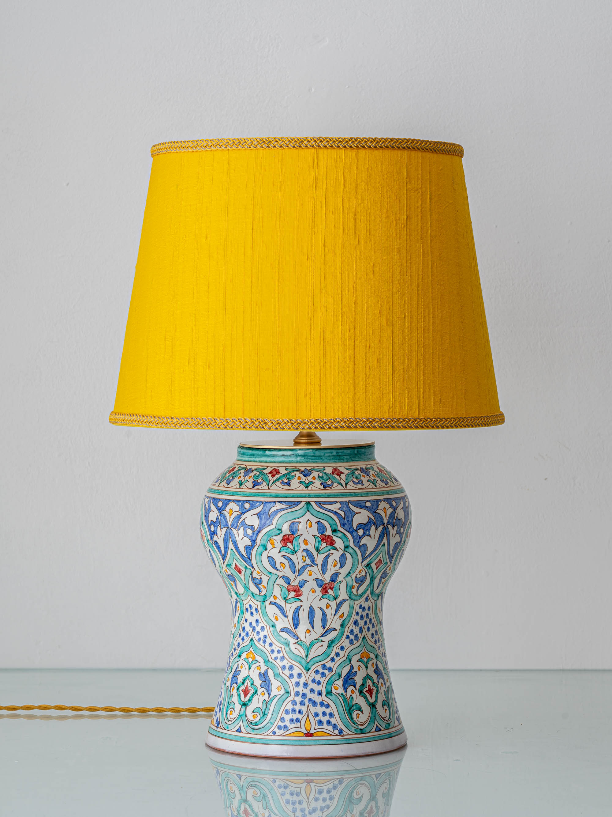Mediterranean Table Lamp in Hand-Painted Spanish Ceramic, New Yellow Silk Shade